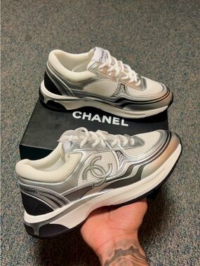 CHANEL White and Silver CC Logo Sneakers